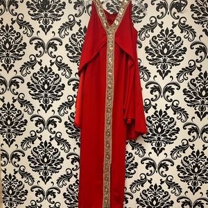 Long red polyester and spandex dress